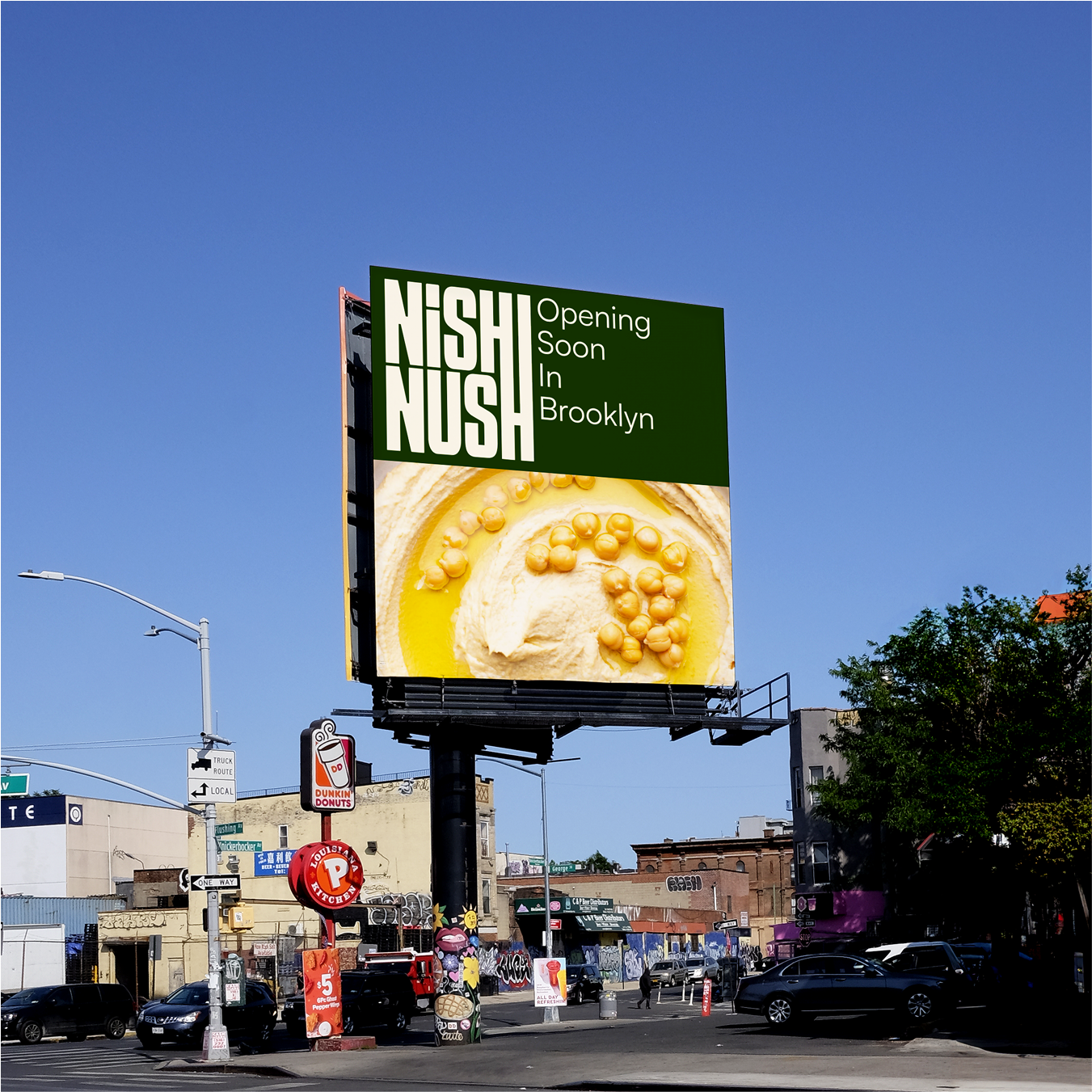Emblem design for Madame FC depicting an M monogram in a circle with the words "Madame FC EST. 2003" inside on top of a background image of a soccer stadium.